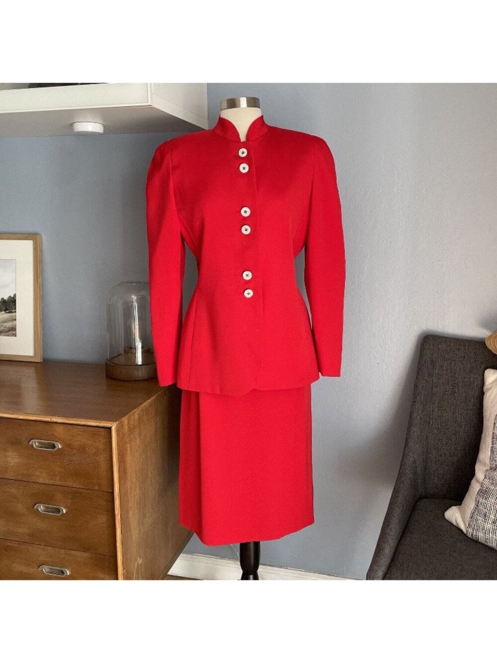 Carolina Herrera Vintage 90’s Silk Jacket & Skirt Suit Rhinestone Buttons Sz 10
